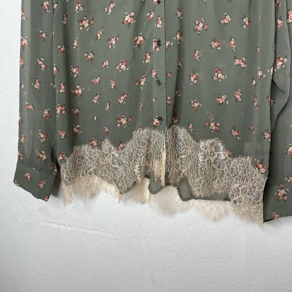 Sheer Cottagecore Floral Blouse with Lace Trim | Button-Down Long Sleeve Top | L - Picture 6 of 9